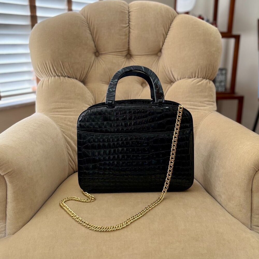 VTG Auth ASHNEIL Genuine Crocodile Embossed Leather Black Satchel Bag